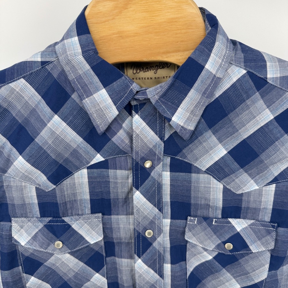 Wrangler Western Shirt Mens Large‎ Blue Plaid Long Sleeve Button Down Cowboy